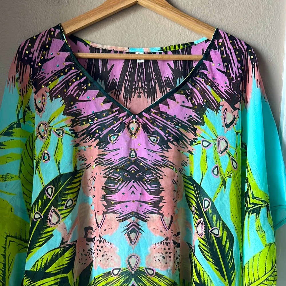 Tropical Patterned V Neck Sheer Caftan Coverup - image 1